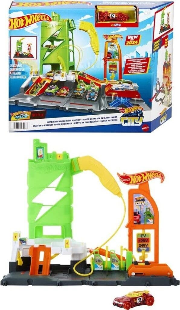 پیست بازی هاتویلز مدل ایستگاه شارژ فوقالعاده | پارکینگ و پمپ بنزین برقی Hot Wheels Super Recharge Fuel Station کد HTN79 به همراه یک عدد ماشین