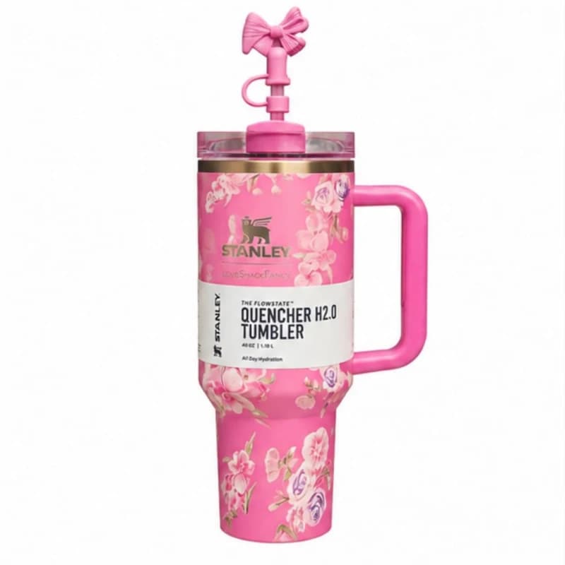 تراول ماگ طرح استنلی Stanley مدل Tumbler طرح Ribbon Rosa ظرفیت 1180 میلی لیتر