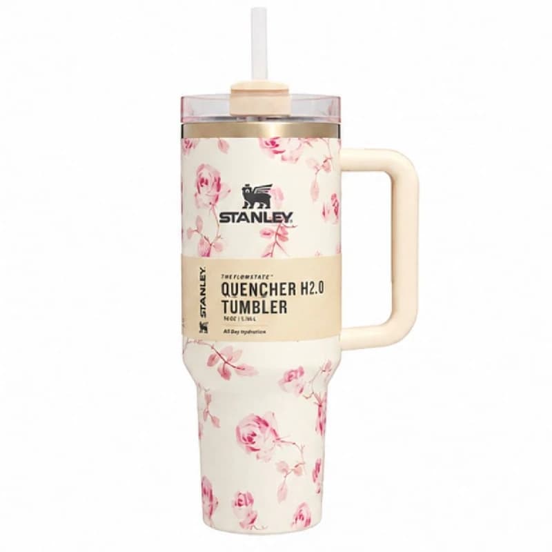 تراول ماگ طرح استنلی Stanley مدل Tumbler طرح سفید با رز صورتی White with a pink rose ظرفیت 1180 میلی لیتر