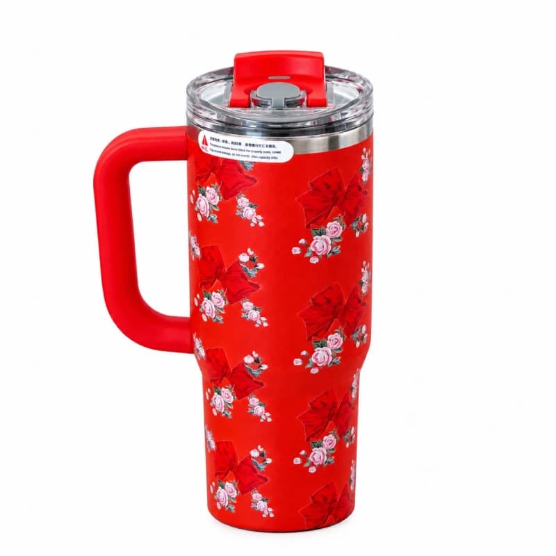 تراول ماگ طرح استنلی Stanley مدل Tumbler طرح Floral Sitarayvari رنگ قرمز گنجایش 900 میلی لیتر