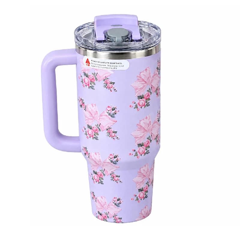 تراول ماگ طرح استنلی Stanley مدل Tumbler طرح Floral Sitarayvari رنگ یاسی گنجایش 900 میلی لیتر