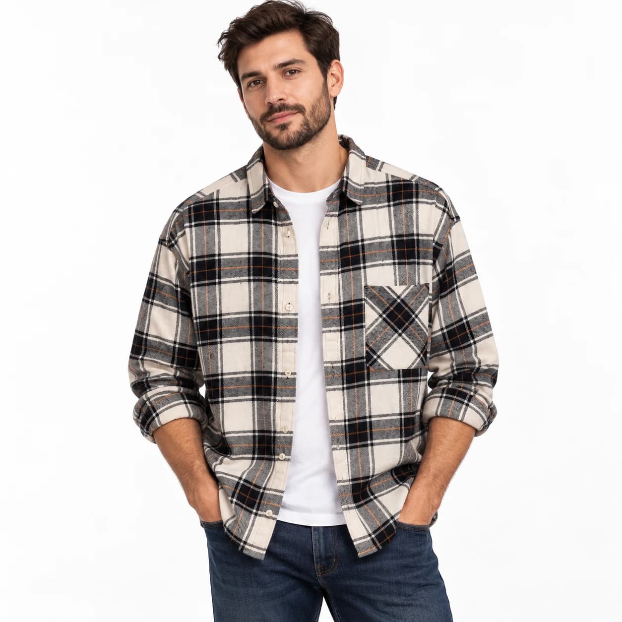 پیراهن پشمی مردانه چهارخانه سفید مشکی وارداتی برند اچ اند ام H&M – کد۰۶ — تصویر ۸