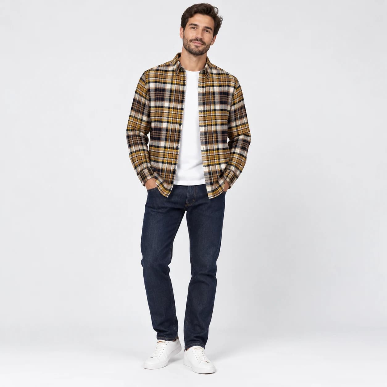 پیراهن پشمی مردانه چهارخانه کرم وارداتی برند اچ اند ام H&M- کد۱۰ — تصویر ۷