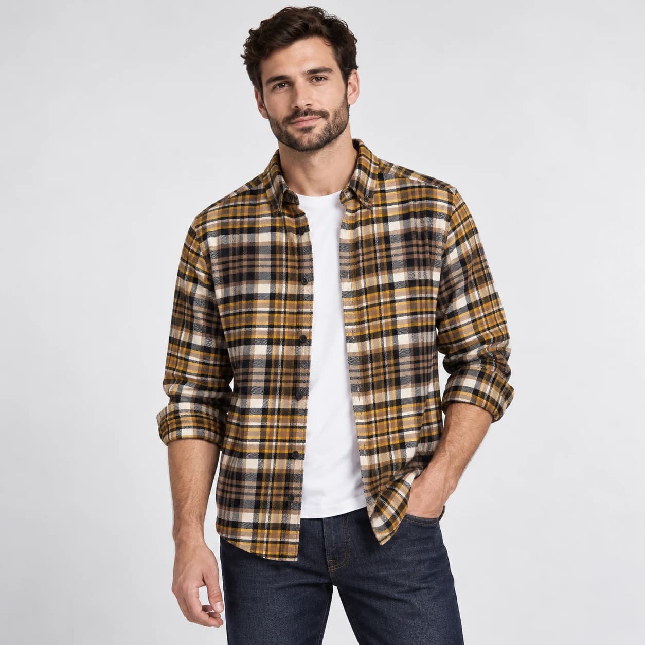 پیراهن پشمی مردانه چهارخانه کرم وارداتی برند اچ اند ام H&M- کد۱۰ — تصویر ۸