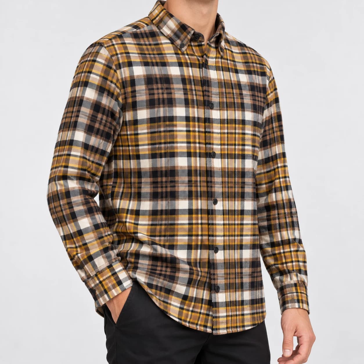 پیراهن پشمی مردانه چهارخانه کرم وارداتی برند اچ اند ام H&M- کد۱۰