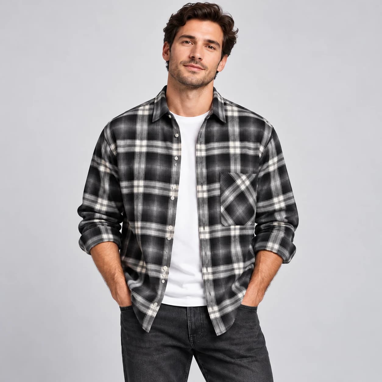 پیراهن پشمی مردانه چهارخانه طوسی مشکی وارداتی برند اچ اند ام H&M – کد۰۸ — تصویر ۸