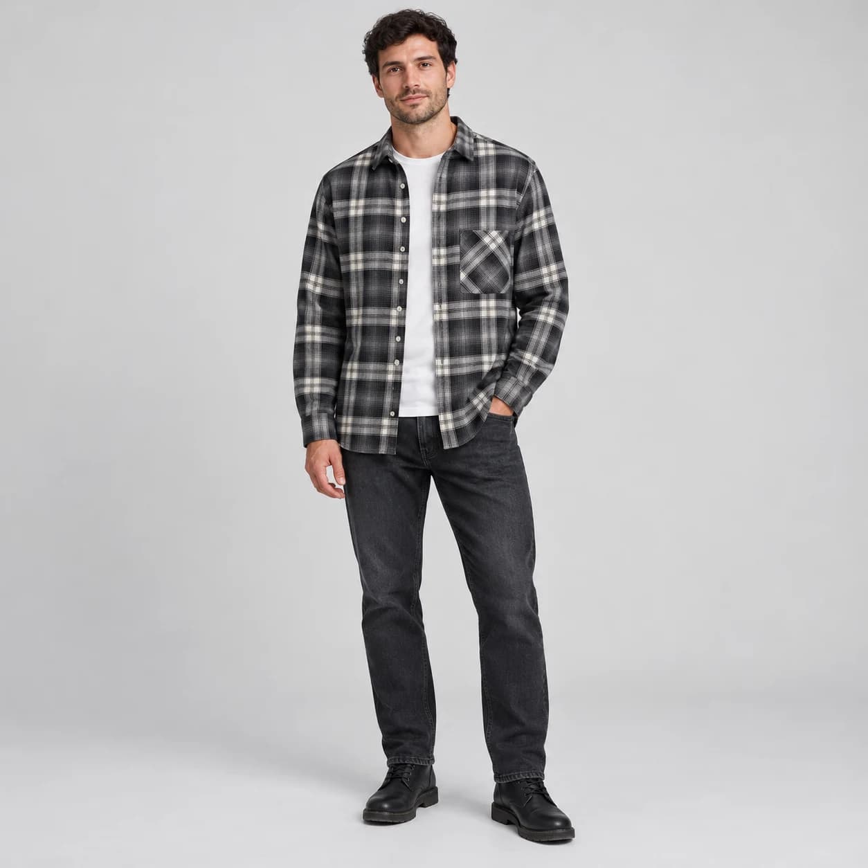 پیراهن پشمی مردانه چهارخانه طوسی مشکی وارداتی برند اچ اند ام H&M – کد۰۸ — تصویر ۷