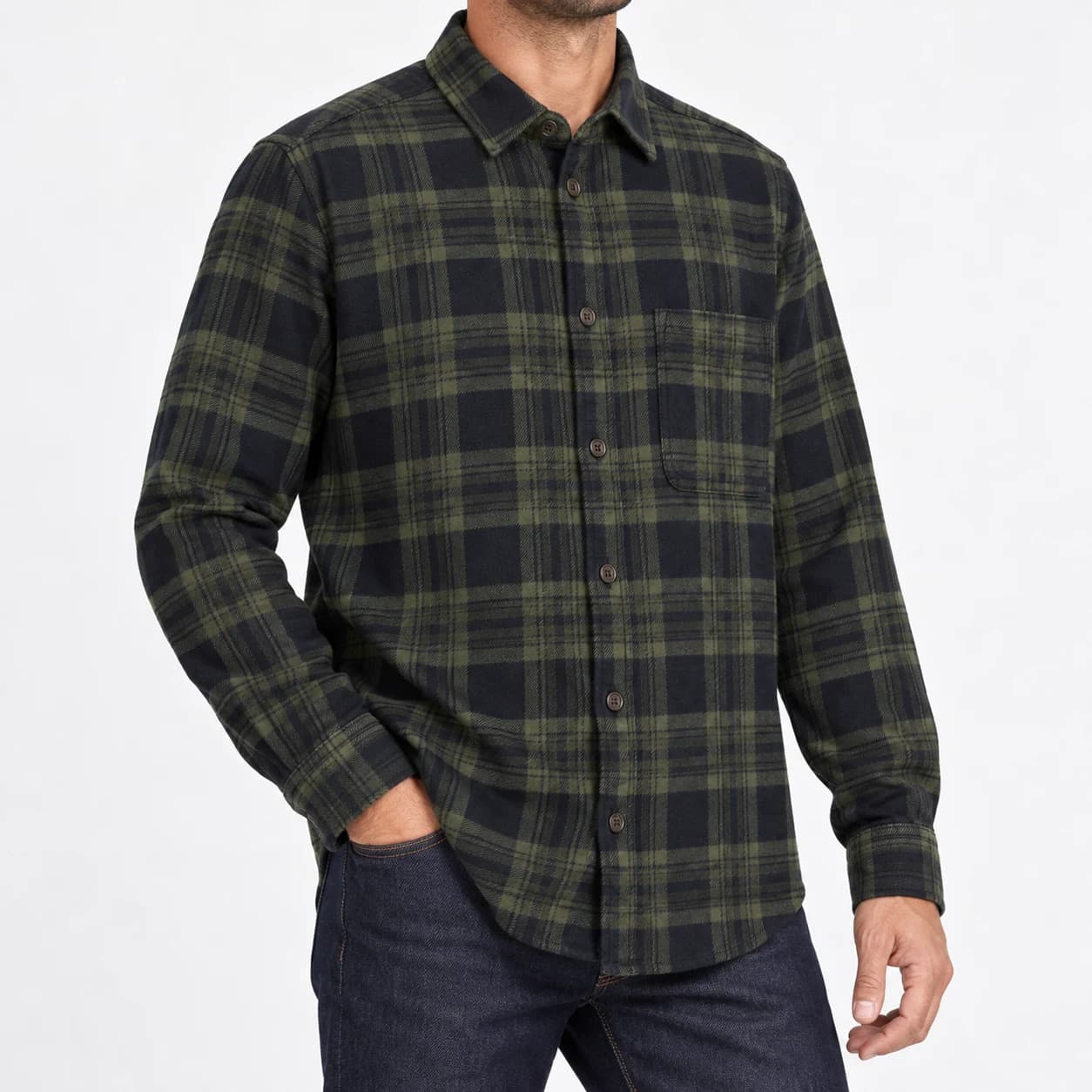پیراهن پشمی مردانه چهارخانه زیتونی وارداتی برند اچ اند ام H&M – کد۱۱