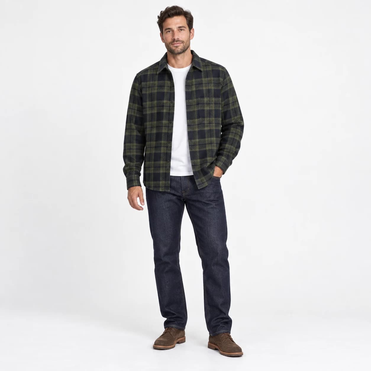 پیراهن پشمی مردانه چهارخانه زیتونی وارداتی برند اچ اند ام H&M – کد۱۱ — تصویر ۷