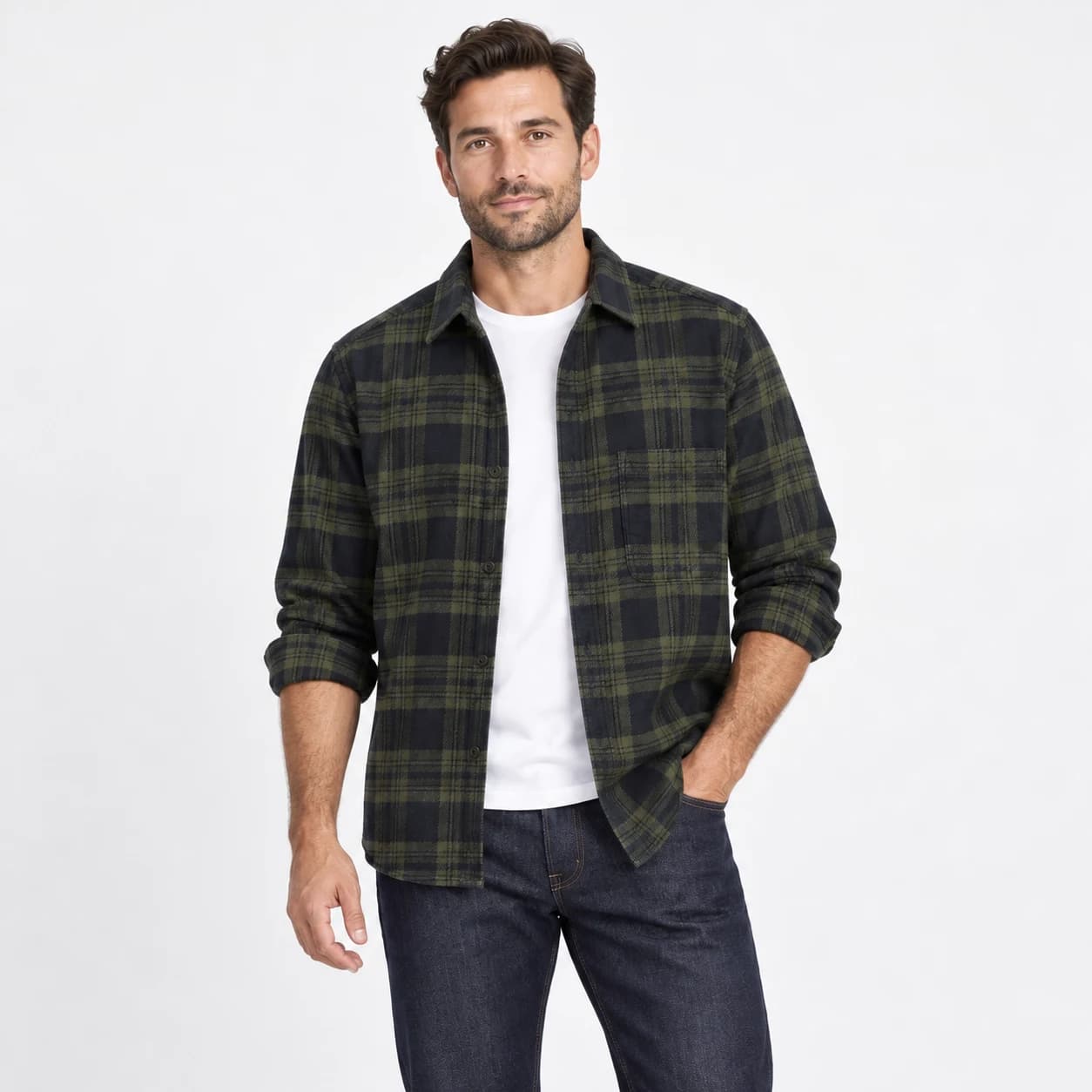 پیراهن پشمی مردانه چهارخانه زیتونی وارداتی برند اچ اند ام H&M – کد۱۱ — تصویر ۸