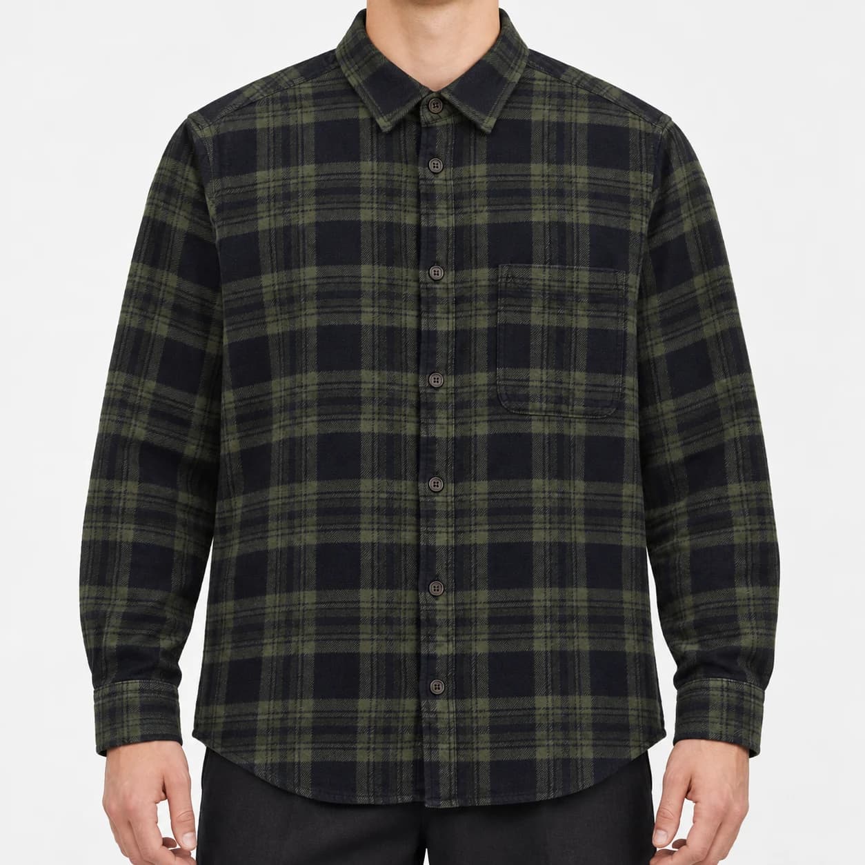 پیراهن پشمی مردانه چهارخانه زیتونی وارداتی برند اچ اند ام H&M – کد۱۱ — تصویر ۶