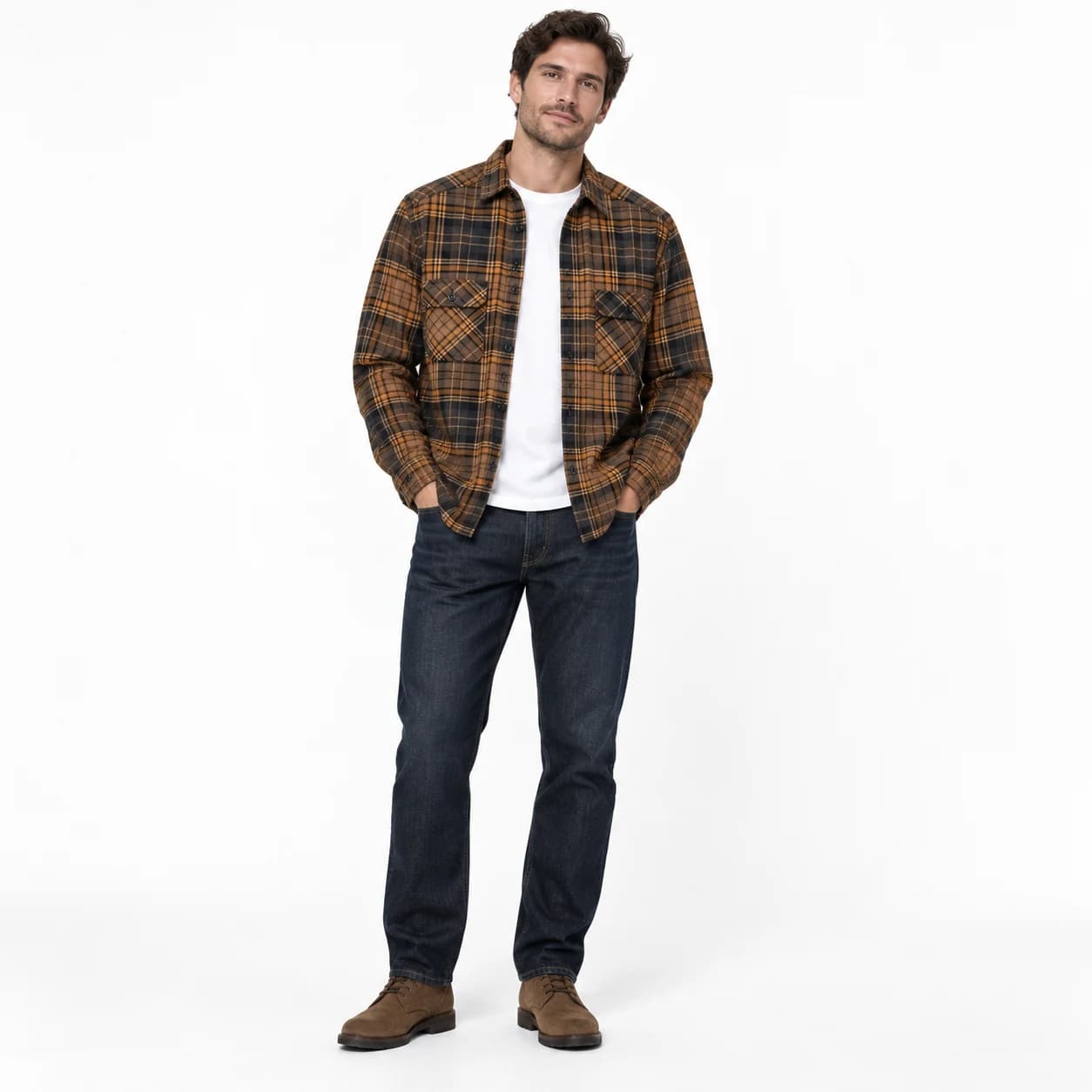 پیراهن مردانه اسپرت پوشاک آستین بلند چهارخانه قهوه‌ای برند H&M – کد۰۱ — تصویر ۷