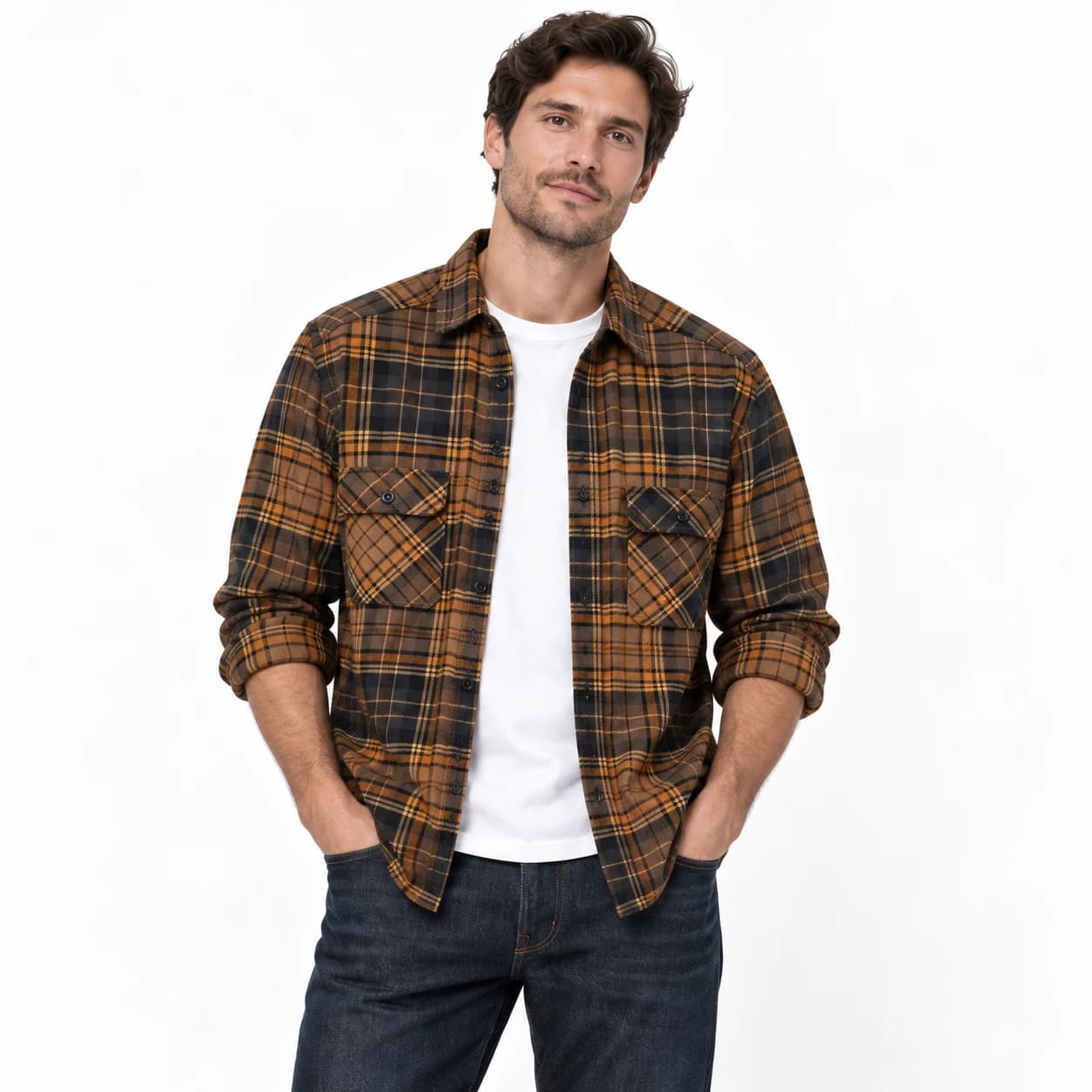 پیراهن مردانه اسپرت پوشاک آستین بلند چهارخانه قهوه‌ای برند H&M – کد۰۱