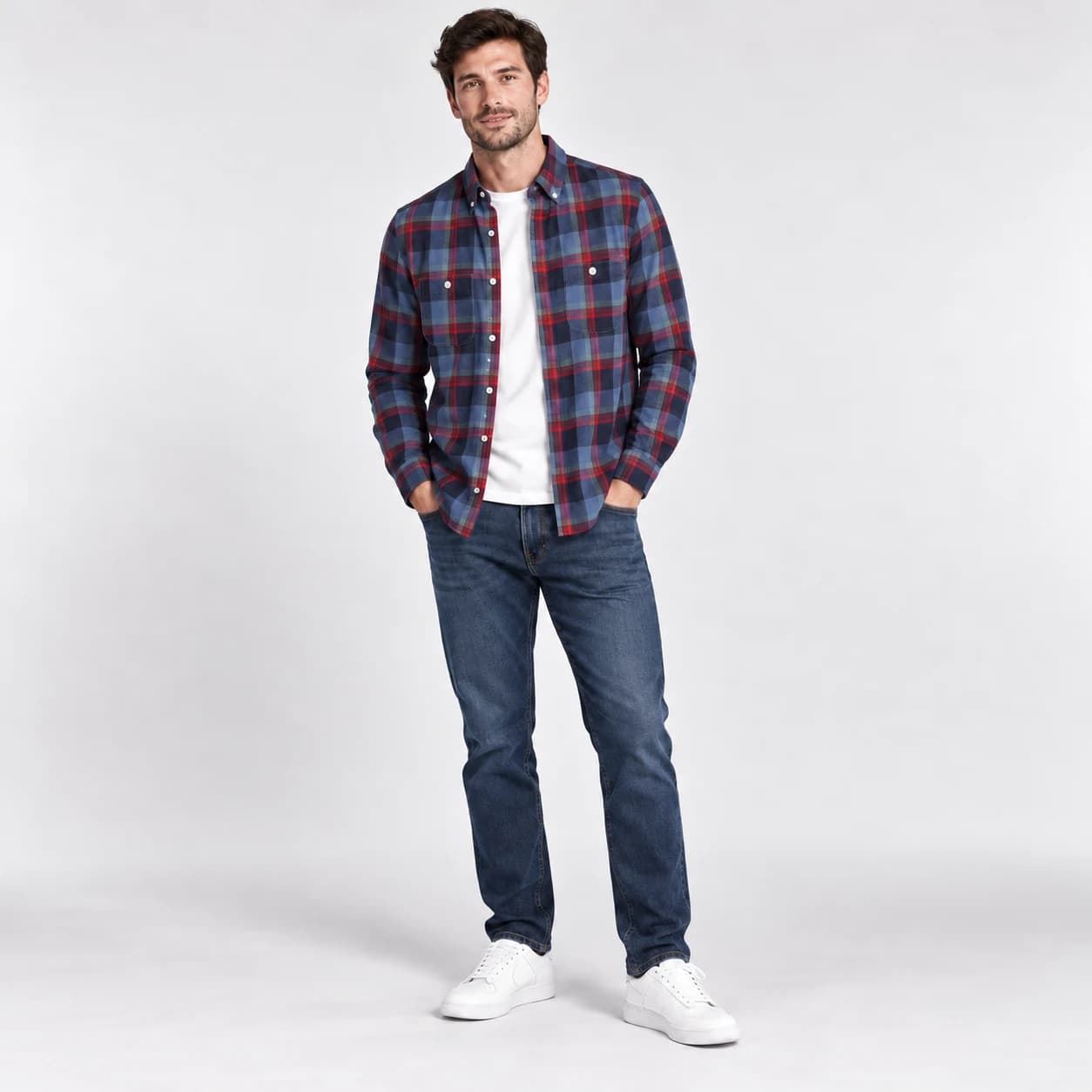پیراهن مردانه اسپرت پوشاک آستین بلند چهارخانه آبی برند H&M – کد۰۲ — تصویر ۲