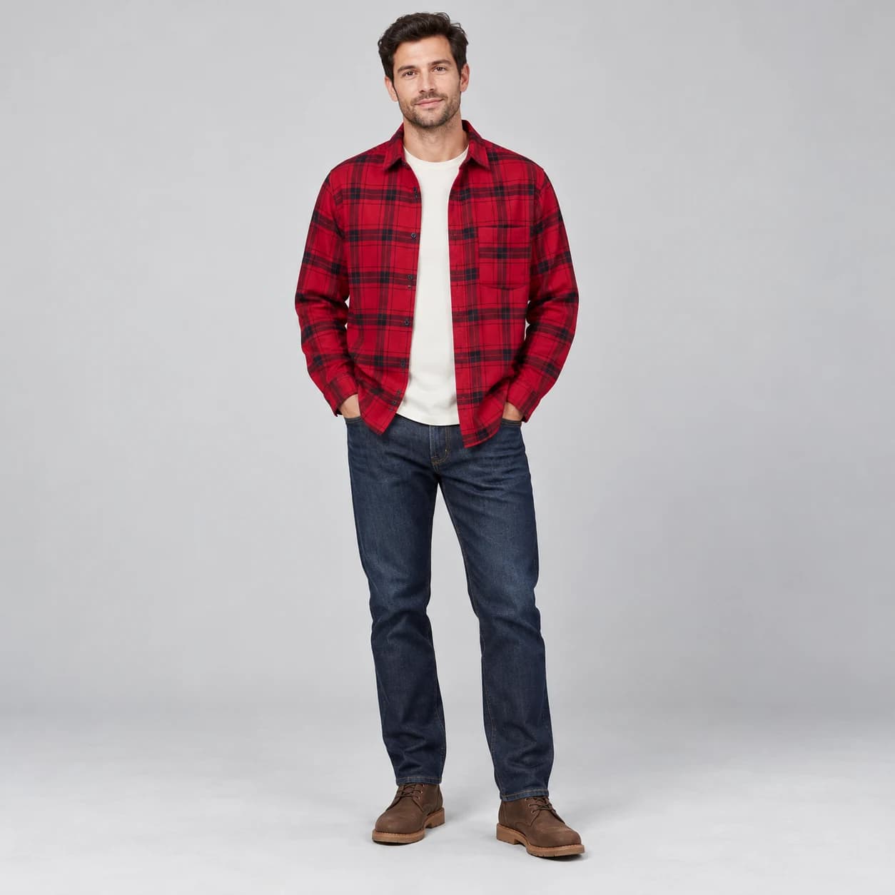 پیراهن مردانه اسپرت پوشاک آستین بلند چهارخانه قرمز برند H&M – کد۱۳ — تصویر ۷