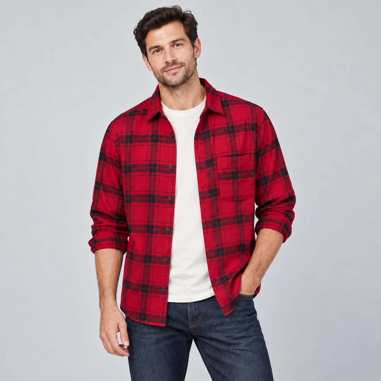 پیراهن مردانه اسپرت پوشاک آستین بلند چهارخانه قرمز برند H&M – کد۱۳