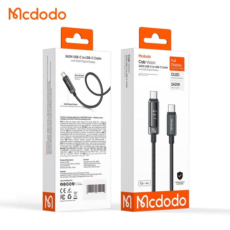 کابل شارژ و دیتا 240وات تایپ سی به تایپ سی مک دودو مدل MCDODO CA-8900 نمایشگر دیجیتال طول 1.2متر — تصویر ۷