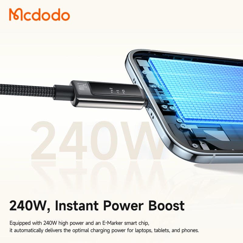 کابل شارژ و دیتا 240وات تایپ سی به تایپ سی مک دودو مدل MCDODO CA-8900 نمایشگر دیجیتال طول 1.2متر — تصویر ۳