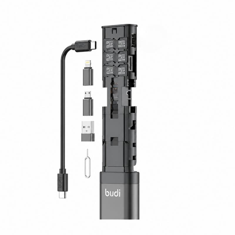 کارت‌خوان بودی مدل DC536B به همراه سوزن سیم‌کارت و کابل تبدیل USB-C و سه عدد تبدیل USB