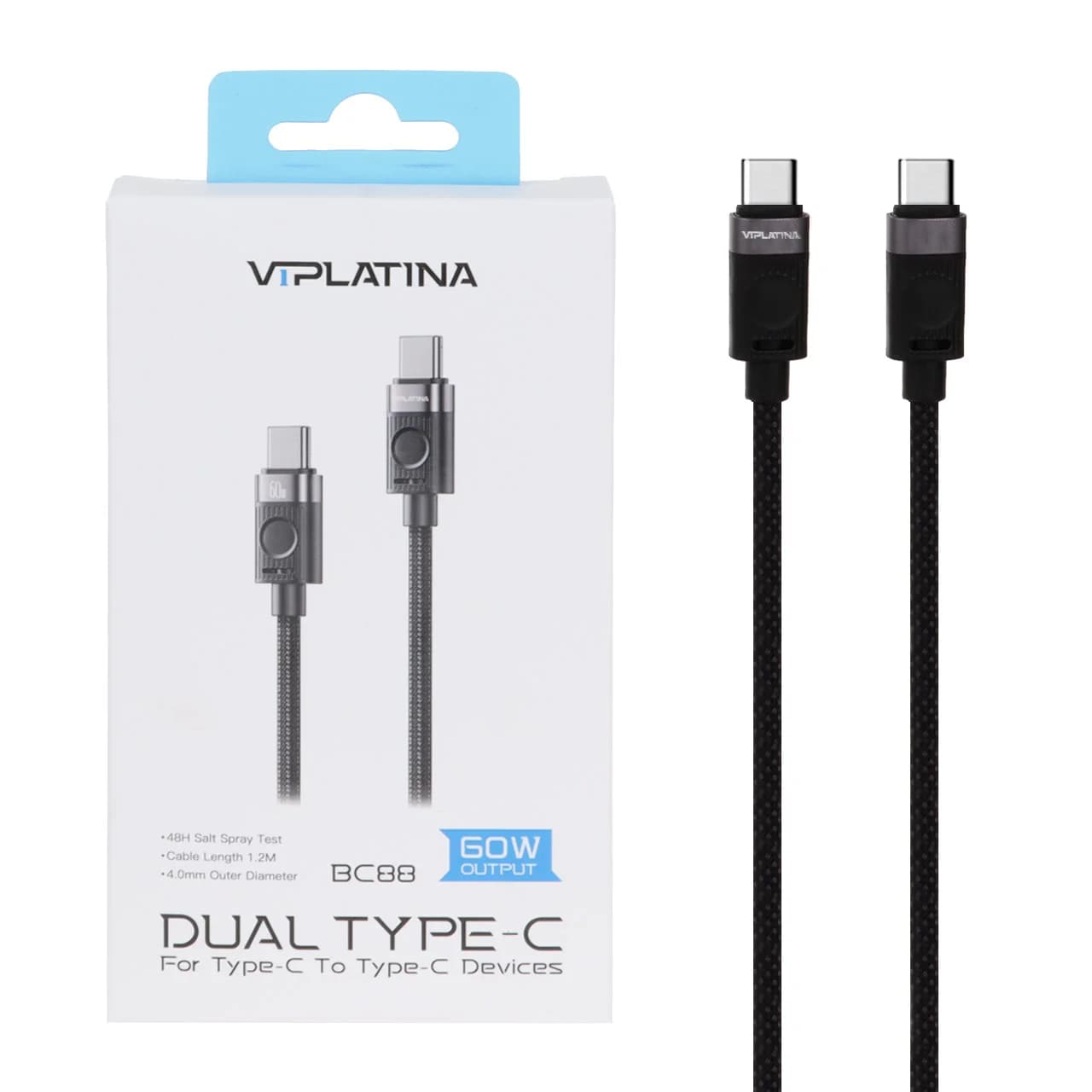 کابل شارژ فست VIPLATINA Type-C To Type-C مدل BC88 60W – مشکی (گارانتی 18 ماه تعویض نیکان همراه)