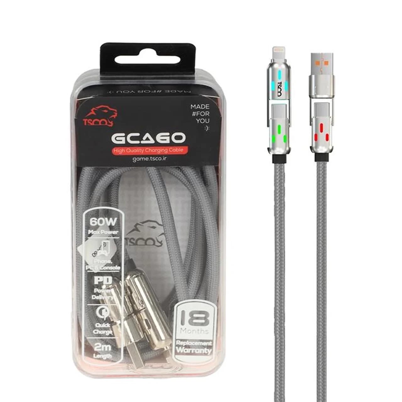 کابل شارژ PD و فست 60W چهارکاره ( گیمینگ ) 2 متری TSCO مدل GCA60 – طوسی – MN