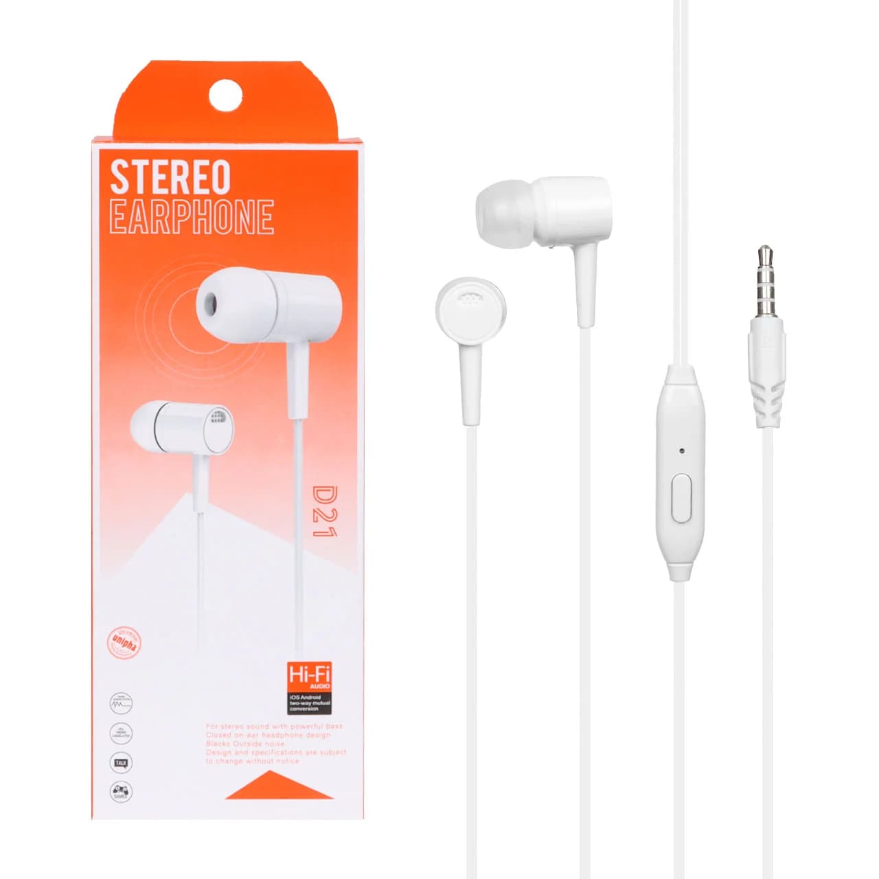 هندزفری با سیم STEREO مدل D21 – سفید – DST (گارانتی شش ماهه)