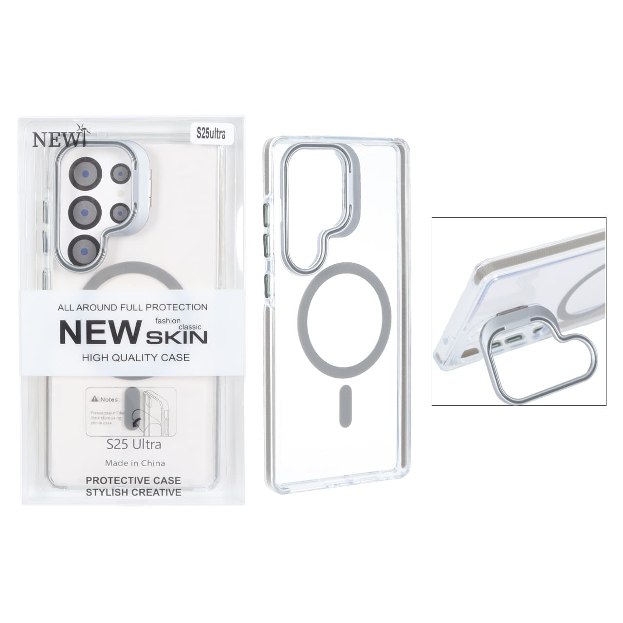 قاب اورجینال New Skin شفاف کریستالی MagSafe لنز استندشو Samsung Galaxy S25 Ultra – خاکستری (پک دار)