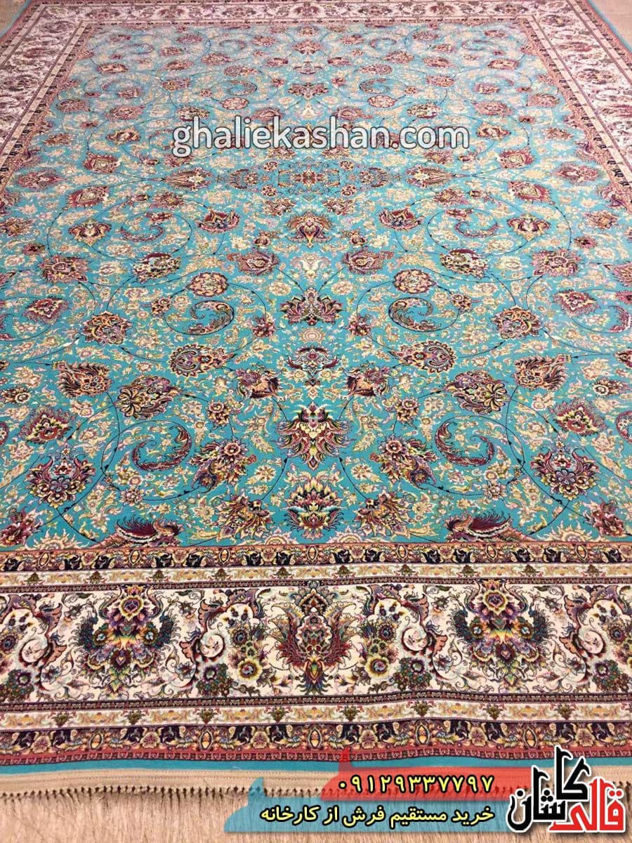 فرش 1200 شانه طرح افشان زمینه آبی فیروزه ای کاشان — تصویر ۴