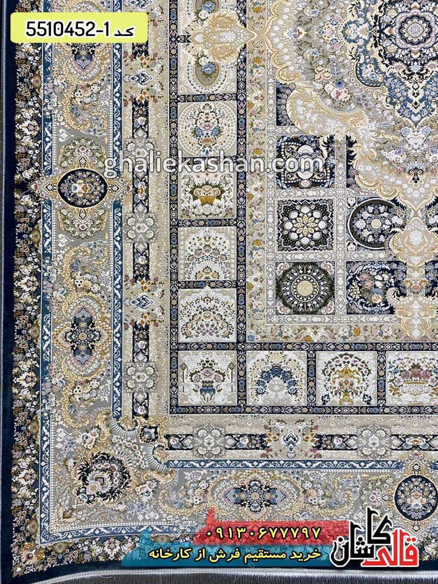 فرش 1500 شانه طرح خشتی زمینه زغالی کاشان – گل برجسته — تصویر ۲