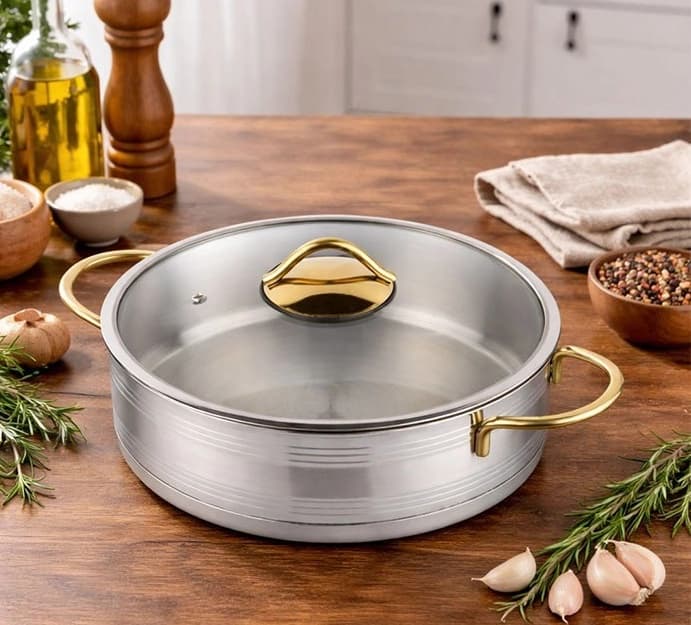 تابه دو دسته استیل ریور RIVER مدل نیمه مات خط دار طلایی سایز 24 کد 3867LG