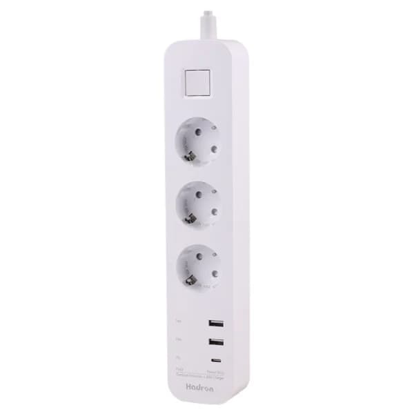 چند راهی 3 خانه ارت دار هادرون P343 با کابل 1.8 متری + شارژر USB و Type-C