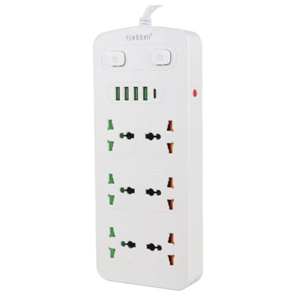 چند راهی 6 خانه ارت دار ارلدام ES-SC09 با کابل 2 متری + شارژر USB و Type-C