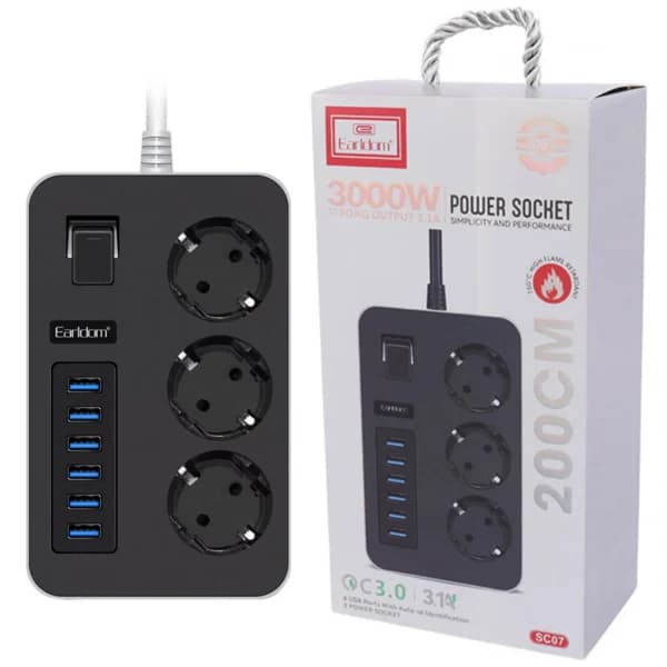 چند راهی 3 خانه ارلدام ES-SC07 با کابل 2 متری + شارژر USB
