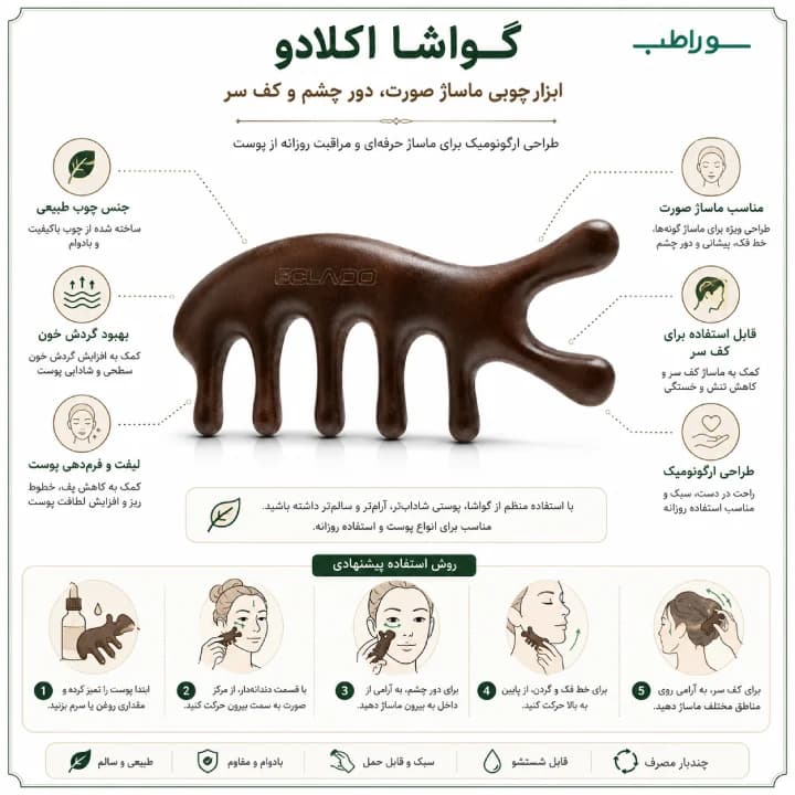 گواشا اکلادو چوبی | ابزار ماساژ صورت، دور چشم و کف سر — تصویر ۵