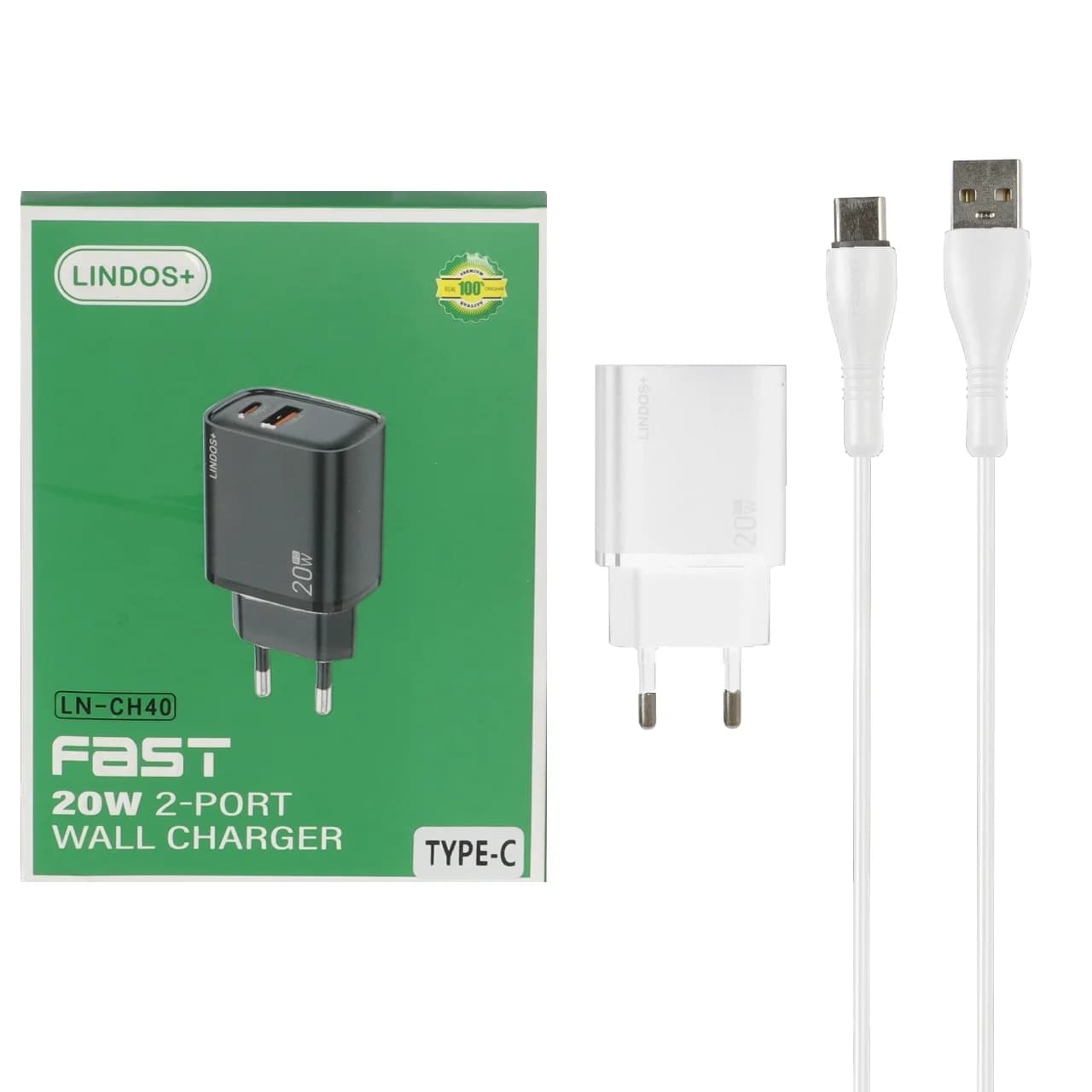 شارژر دیواری PD و فست دو پورت +Lindos مدل LN-CH40 20W به همراه کابل شارژ Type-C – سفید (گارانتی تعویض یکساله شرکتی)