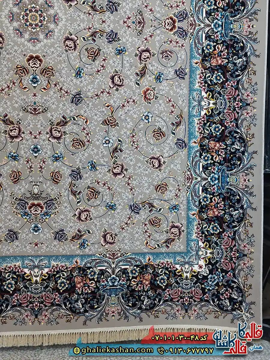 فرش 1000 شانه طرح افشان گلپری زمینه طوسی موشی کاشان — تصویر ۳