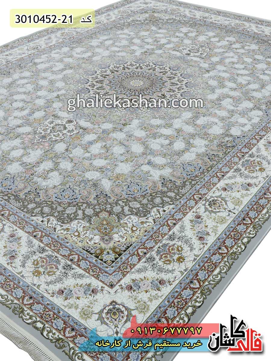 فرش 1500 شانه طرح طاووس زمینه سیلور کاشان – گل برجسته