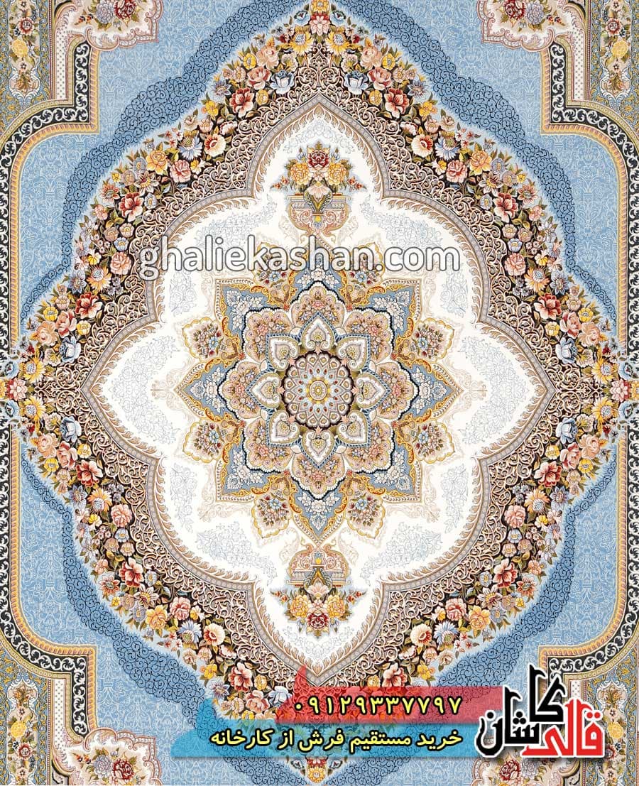 فرش 1200 شانه طرح باغ معلق زمینه آبی فیروزه ای کاشان — تصویر ۳