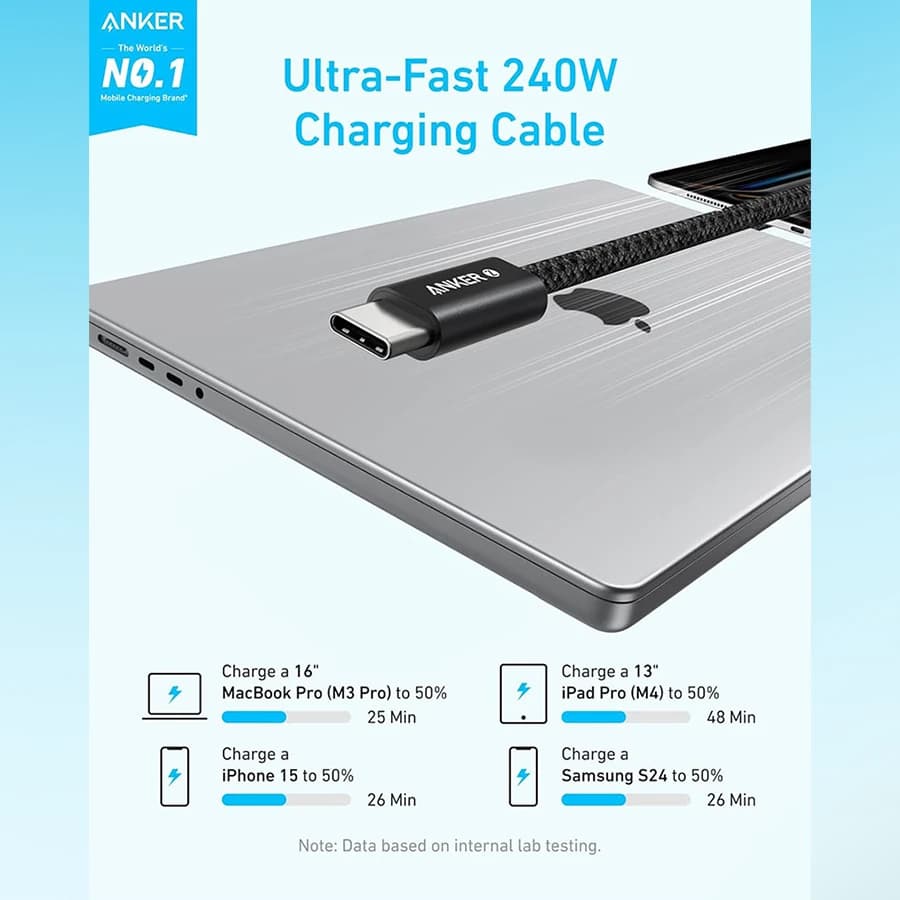 کابل شارژ USB-C به USB-C انکر Anker Zolo A8060 240W 1M Black — تصویر ۲