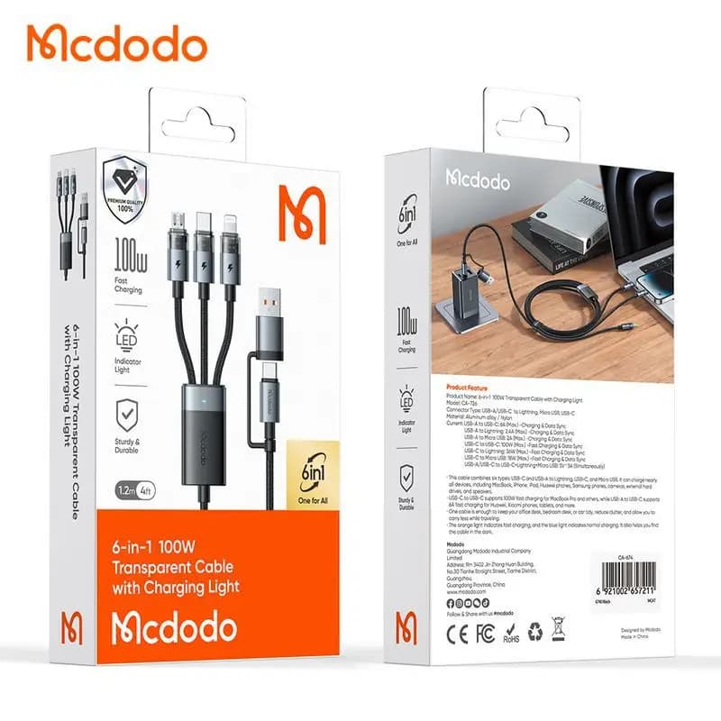 کابل شارژ 2 به 3 چندکاره میکرو+لایتنینگ+تایپ سی 100 وات مک دودو مدل MCDODO CA-7260 — تصویر ۳