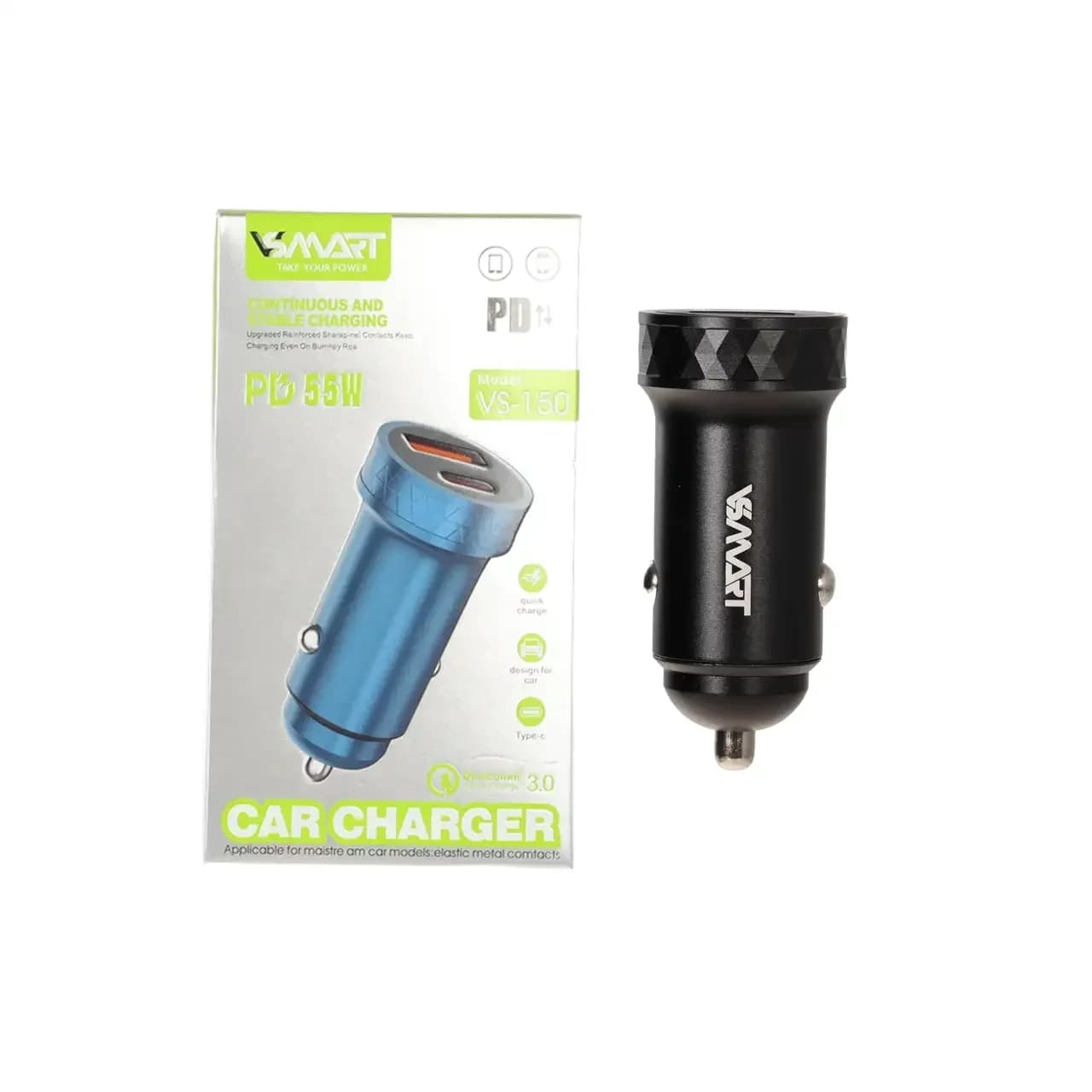 شارژر فندکی PD و فست دو پورت V-Smart مدل VS-150 55W – مشکی – BSA