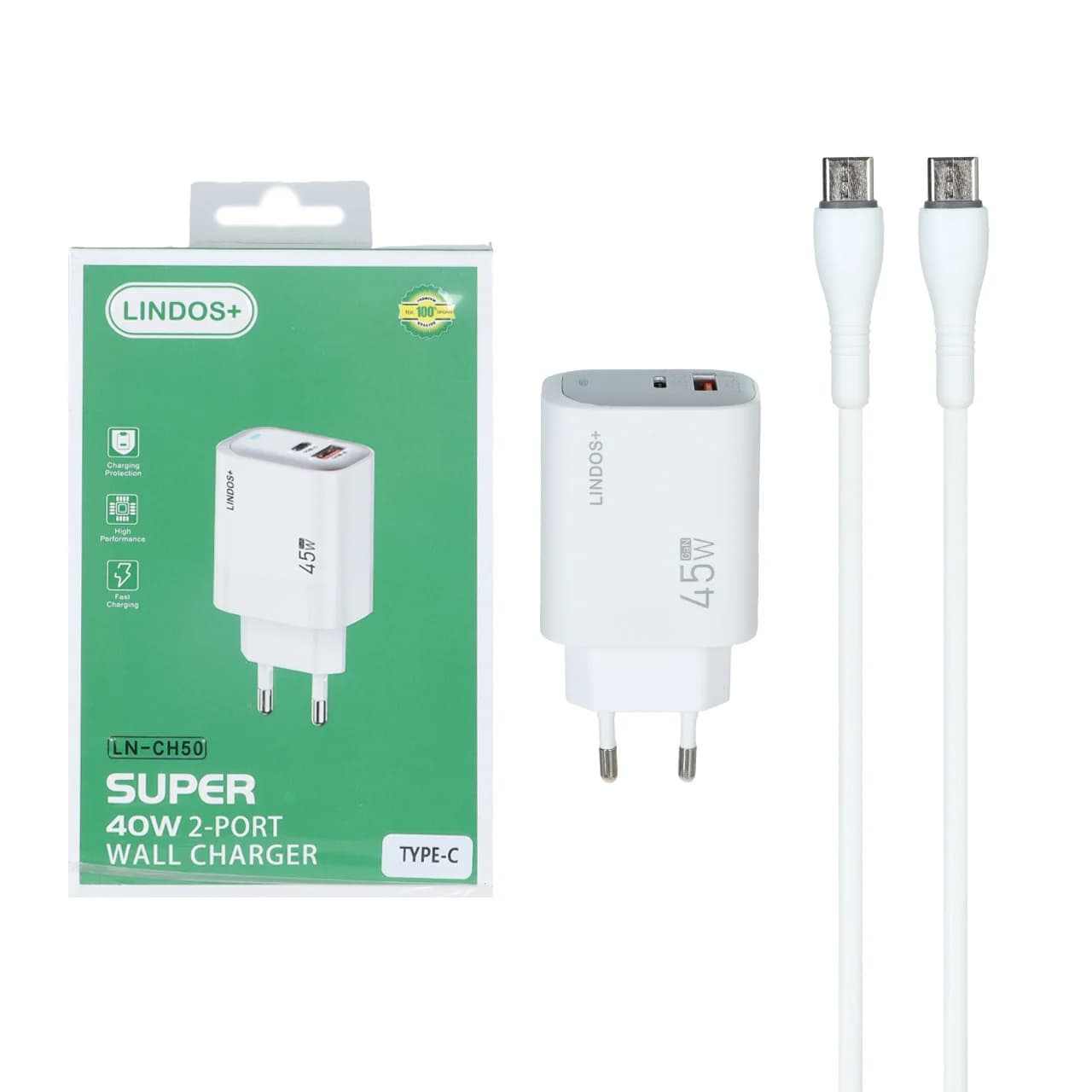 شارژر دیواری فست و PD دو پورت +Lindos مدل LN-CH50 40W به همراه کابل شارژ Type-C To Type-C – سفید (گارانتی تعویض یکساله شرکتی)
