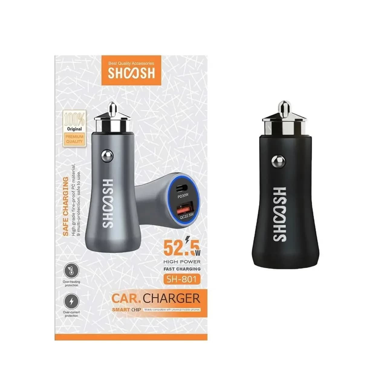 شارژر فندکی فست و PD دو پورت Shoosh مدل SH-801 52.5W – مشکی – SMO