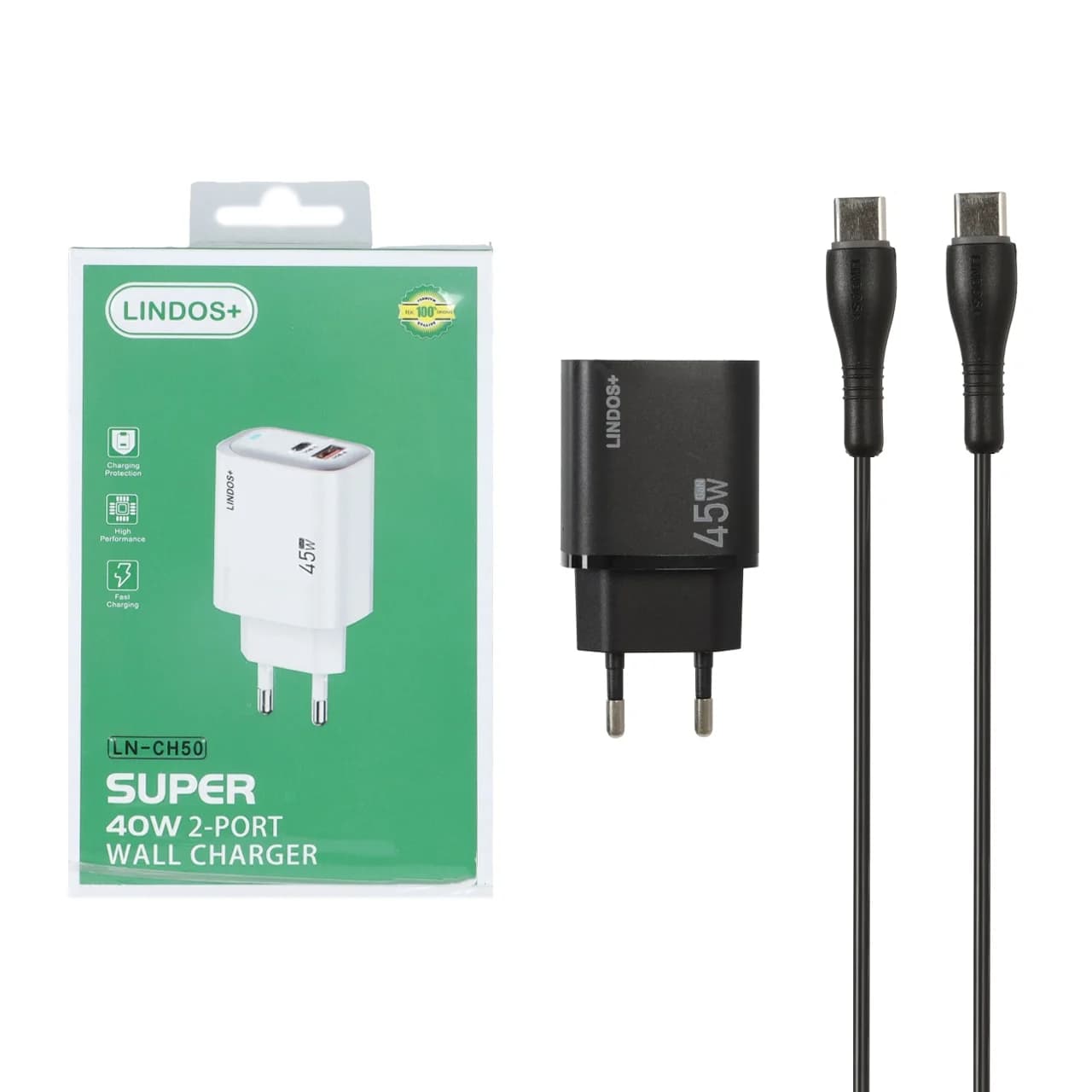 شارژر دیواری فست و PD دو پورت +Lindos مدل LN-CH50 40W به همراه کابل شارژ Type-C To Lightning – مشکی (گارانتی تعویض یکساله شرکتی)