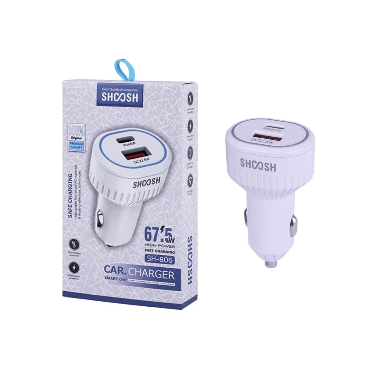 شارژر فندکی فست و PD دو پورت Shoosh مدل SH-806 67.5W – سفید – SMO