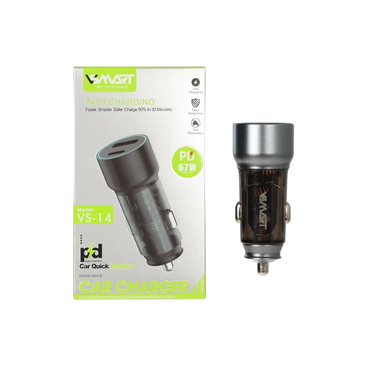 شارژر فندکی PD و فست دو پورت V-Smart مدل VS-14 67W – نقرآبی – BSA