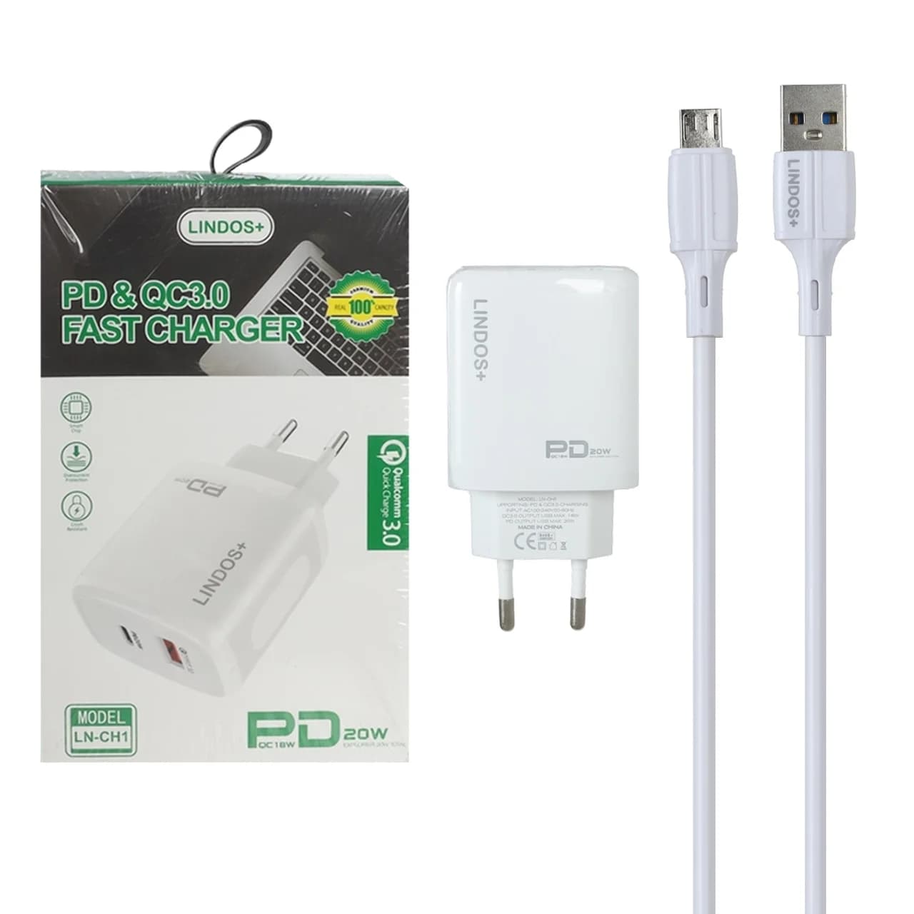 شارژر دیواری فست و PD دو پورت +Lindos مدل LN-CH1 20W به همراه کابل شارژ اندروید – سفید (گارانتی تعویض یکساله شرکتی)