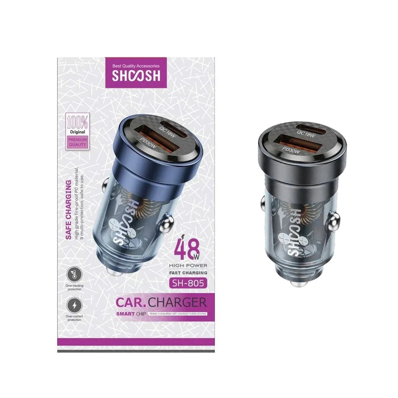 شارژر فندکی فست و PD دو پورت Shoosh مدل SH-805 48W – مشکی خاکستری – SMO