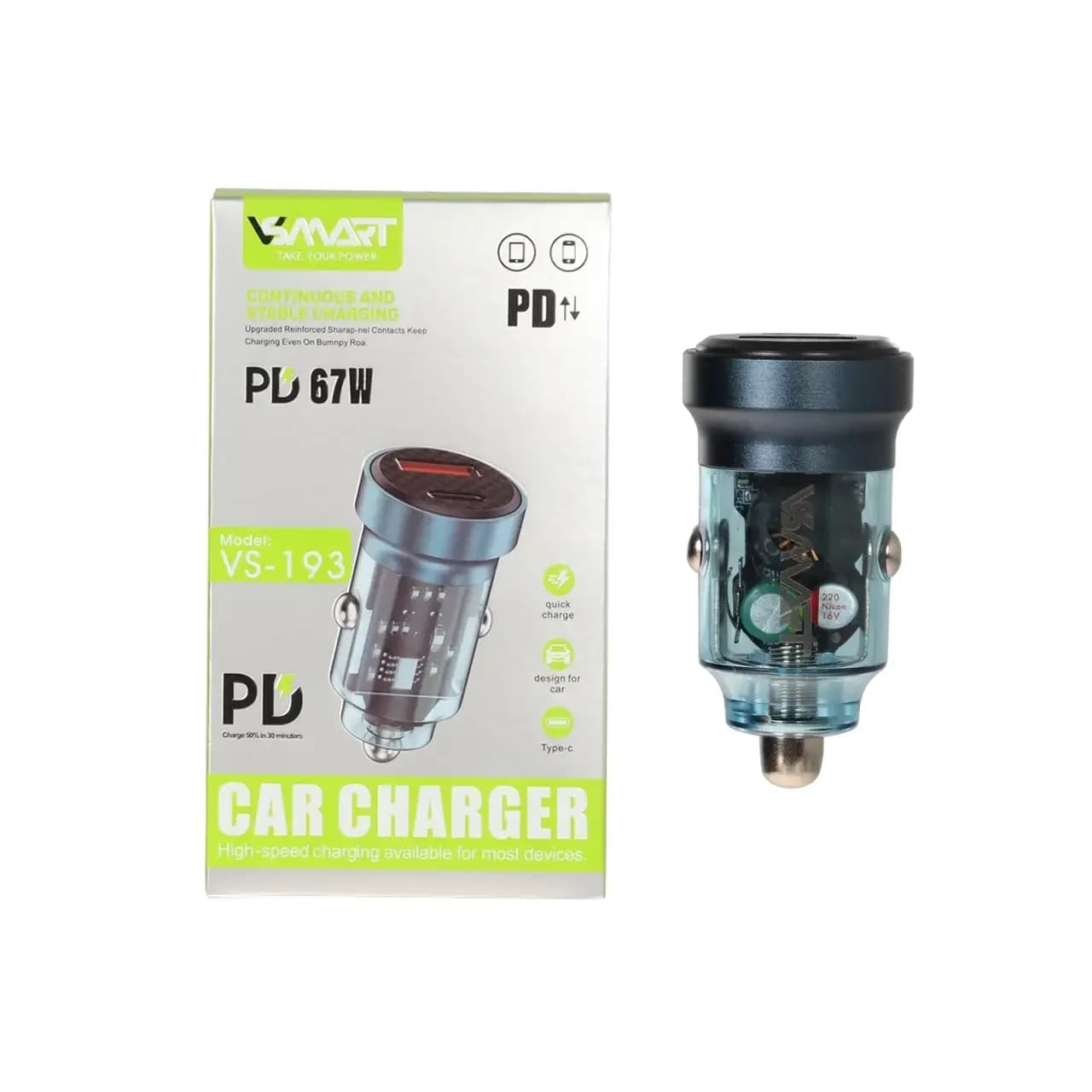 شارژر فندکی PD و فست دو پورت V-Smart مدل VS-193 67W – سرمه ای – BSA
