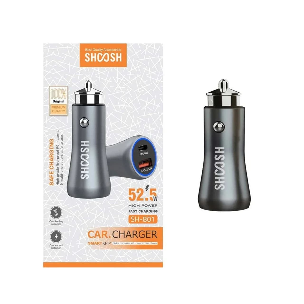 شارژر فندکی فست و PD دو پورت Shoosh مدل SH-801 52.5W – خاکستری – SMO